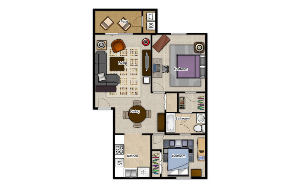 2 Bedroom 1 Bathroom - 2 bedroom floorplan layout with 1 bath and 900 square feet.