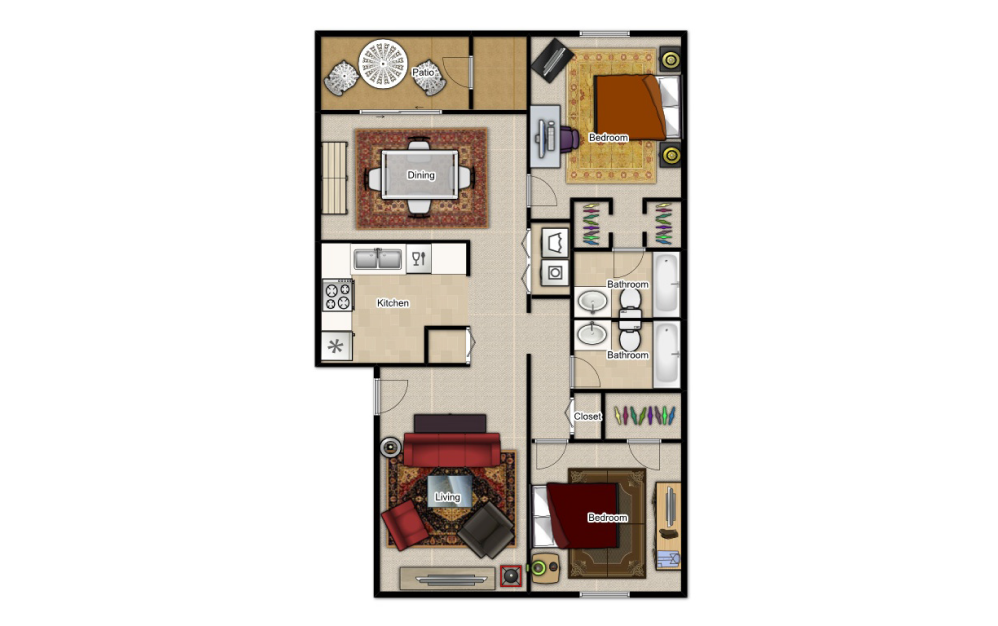 2 Bedroom 2 Bathroom - 2 bedroom floorplan layout with 2 baths and 1050 square feet.