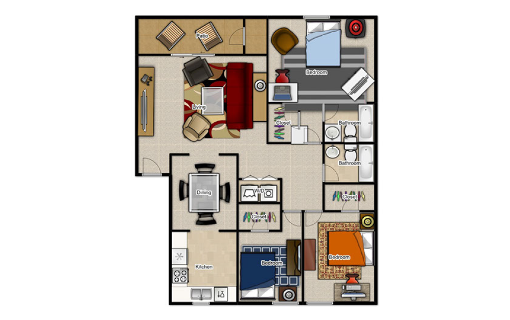 3 Bedroom 2 Bathroom - 3 bedroom floorplan layout with 2 baths and 1350 square feet.